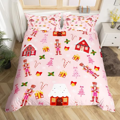 Homewish Girly Pink Christmas Bedding Set Super King Xmas Nutcracker Duvet Cover Christmas Nutcracker Xmas Tree Bed Cover For Kids Girls Room Decor,Winter Xmas Tree Bed Set 3 Pieces