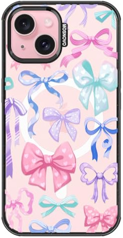 MOSNOVO for iPhone 15 Plus Case, Fit for MagSafe, Military-Grade Drop Protection, Shockproof Bumper, Cute Women Girl Magnetic Phone Case for iPhone 14 Plus, Bows/Black