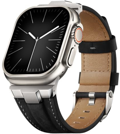 Suitisbest Genuine Leather Band Compatible for Apple Watch Ultra 3/2/1 Straps 49mm 46mm 45mm 44mm 42mm, Rugged Metal Connector Strap for Women Men iWatch SE 3 Series 11 10 9 8 7 6 5 4 3 2 1