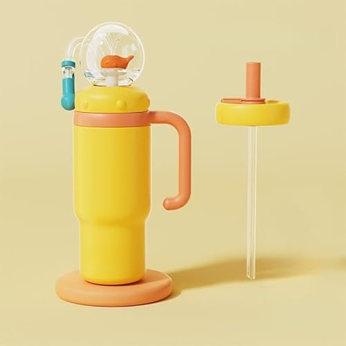 Stainless Steel Whale Fountain Tumbler with Handle – Two Lids, Spill-Proof, Dishwasher Safe, Cute & Perfect for Kids, Teens, and Adults. Whale Cup, 710ml Drinking Cup with Whale Squirt (Yellow)