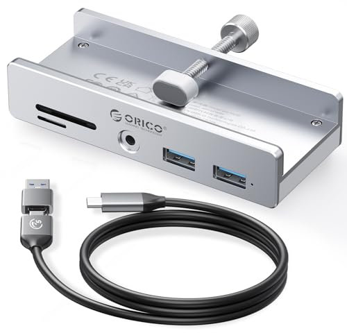 ORICO USB Hub 3.0, Clamp USB Hub with Extra Power Port, Aluminum USB C Adapter with 2 USB-A Data Ports,3.5mm AUX, SD/TF Card Reader for Desktop(Silver)