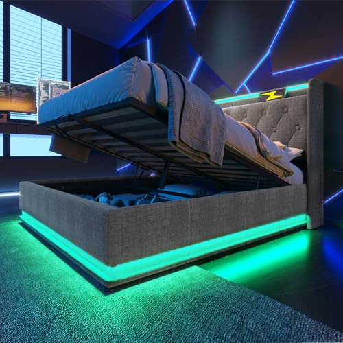 Huayz Polsterbett 140x200, LED Doppelbett mit Stauraum und Lattenrost, Kopfteil mit Staufach und USB-Ladefunktion, Hydraulisch Stauraumbett Rückenlehne, ohne Matratze (Grau - A, 140×200cm)