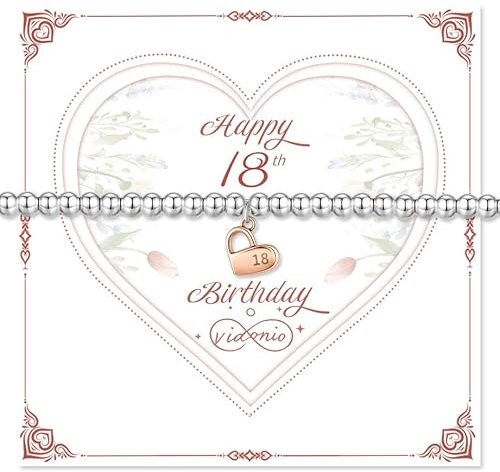 vidonio 18th Birthday Gifts for Women,Adjustable 925 Sterling Silver Bracelet with Rose Gold Heart Beaded Bracelet with Card Thoughtful Birthday Presents for Teen Girls,Friend,Sister,Daughter,Mum