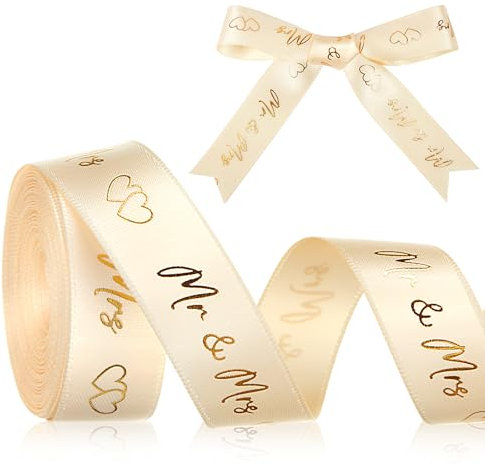 Xinnun Hochzeit Schleifenband 9 m x 15 mm Mr & Mrs Deko Hochzeit Geschenkband Herz Dekoband Hochzeitsband für Hochzeitsdekoration Hochzeitseinladungen Brautsträuße Geschenk Verpackungen DIY(Gold)