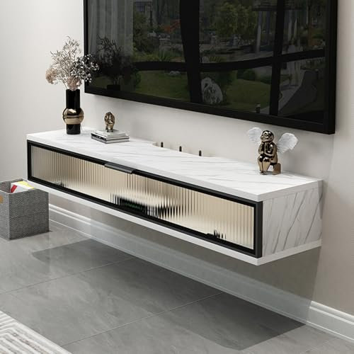 Meuble TV flottant moderne avec tiroirs de rangement et couvercles à rabat – Console multimédia murale pour salon et chambre à coucher – Finition marbre blanc (80 x 23 x 20 cm)