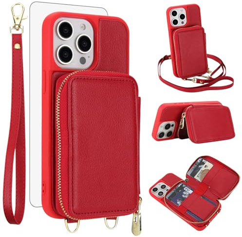 Phone Case for iPhone 14 Pro Max 6.7 inch Wallet Cell Cover with Screen Protector Crossbody Strap Lanyard RFID Blocking Card Holder iPhone14promax 5G i Phone14Max Plus iPhone14 ProMax Women Girls Red