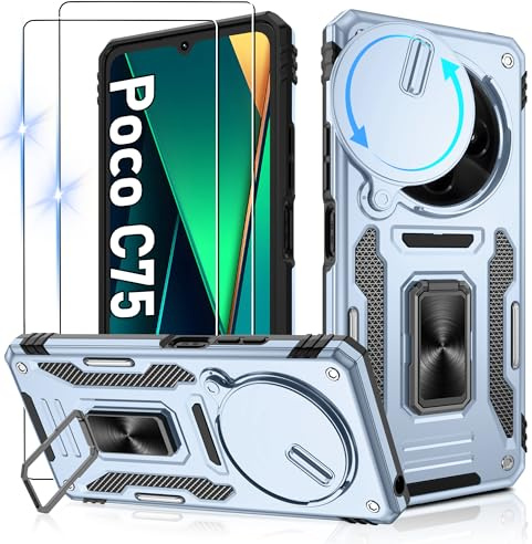 Jshru for Poco C75 Phone Case with Screen Protector | Camera Protective Cover | Built-in Ring Stand,Shockproof Bumper Phone Cover,Xiaomi Poco C75-Light Blue