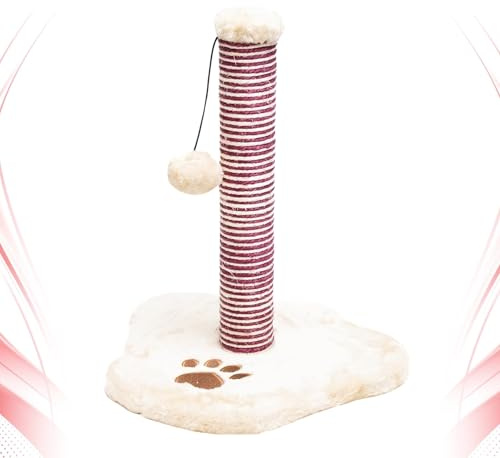 Abaseen 38cm Cat Scratching Post with Plush Base & Hanging Ball Toy | Durable Sisal Rope Scratch Pole for Kittens & Indoor Cats | Sturdy Cat Activity Toy, Beige & Purple