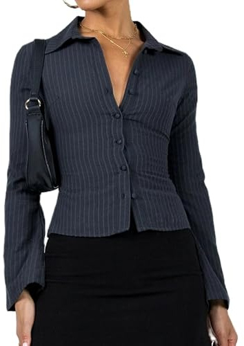 Women Y2K Striped Fitted Button Down Shirt Long Sleeve Lapel Collar Blouse Shirt V Neck Aesthetic Coquette Top