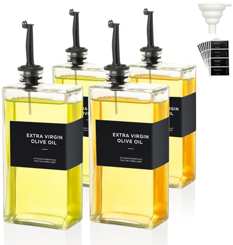 VINATO 4 Stücke Essig öl Flaschen Set, 500ml Öl Und Essig Spender Set, Trichter*1, Aufkleber*36, Oil Dispenser, Olivenöl Flaschen für Küche Kaffee Bar