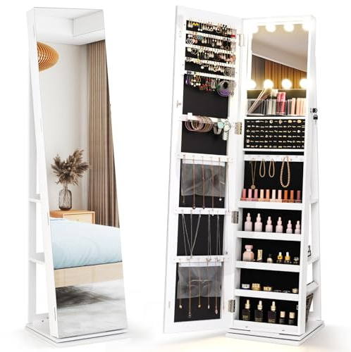 RELAX4LIFE Armoire à Bijoux Pivotante avec Miroir Psyché | Armoire Bijoux sur Pied | Miroir Cosmétique Hollywood | Ampoule LED Bulle 3 Couleurs | Meuble Bijoux Verrouillable | Grande Capacité (Blanc)