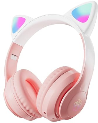 Cuffie Bluetooth wireless over-ear con orecchie di gatto, con microfono, per bambini, adolescenti, adulti (rosa)