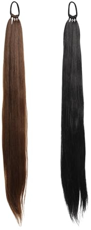 Vauki 2 Stück Zopf Extension Haarteil, Pferdeschwanz Haarteil Zopf Extension, 70 cm Langer Glatter Echthaar Zopf für Damen, Natürliches Aussehen, Haarverlängerung mit Zopfteil (Schwarz und Braun)