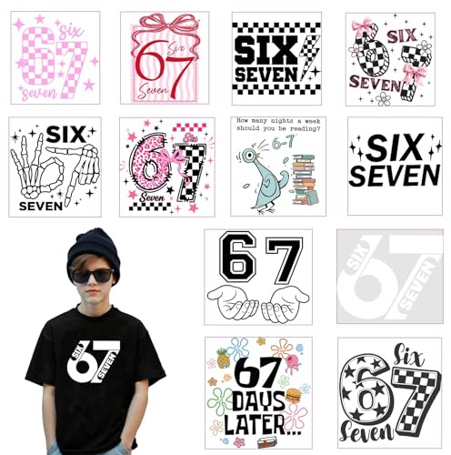 Six Seven 67 Meme Iron on Transfers，12 Sheets 6 7 Theme Dtf Transfers Ready to Press，67 DTF Transfer Patches for Tshirts Bags Hats Clothes(Holiday Gift)