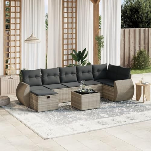Hoopleep 8-TLG. Garten-Sofagarnitur mit Kissen Hellgrau, Poly Rattan Lounge Set für Outdoor Terrasse, Modulare Gartenmöbel mit Glastisch, UV-beständig