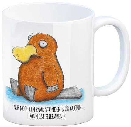 trendaffe Kaffeebecher mit Schnabeltier Motiv und Spruch: Nur ein paar Stunden blöd gucken, dann ist Feierabend