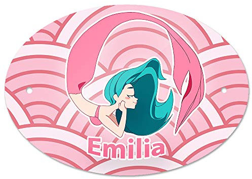 Eurofoto Türschild mit Namen Emilia und Meerjungfrau-Motiv in Rosa für Mädchen | Kinderzimmer-Schild