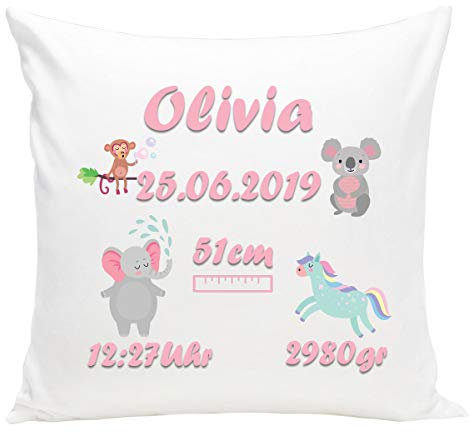 Personalisiertes Kissen mit Namen Baby-Geschenk zur Geburt Taufe für Mädchen Jungen Neugeborene mit Geburtsdaten und Namen & Datum (mit Füllung) Koala [095]