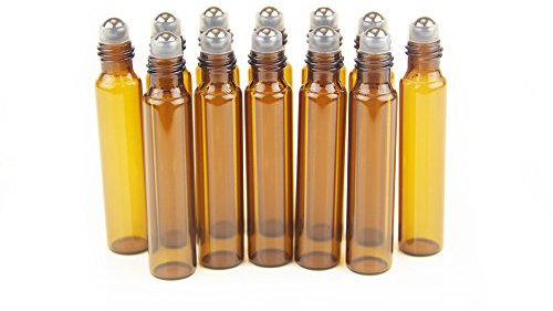 YIZHAO Ambar Botellas Roll On Cristal para Aceites Esenciales 10ml, con Roll-on Bola de Acero Inoxidable, para Aceites Esenciales, Masajes, Aromaterapia, Botella de Laboratorio – 36 Pcs