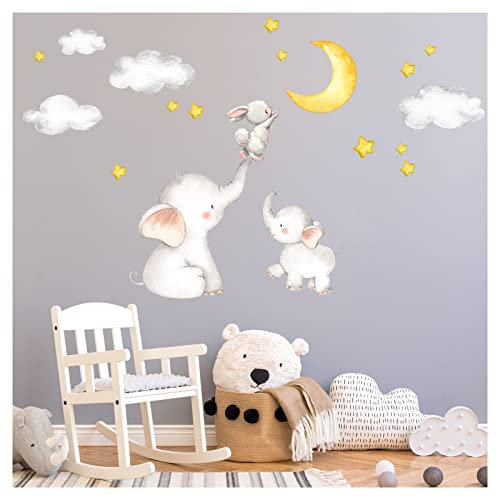 Little Deco Wandtattoo Babyzimmer Elefant und Hase mit Mond und Sternen I 163 x 95 cm (BxH) I Kinderbilder Deko Kinderzimmer Mädchen Aufkleber Junge Sticker DL463