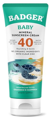 Badger Mineral Baby Sunscreen Cream SPF 40, 98% Organic Toddler Sunscreen with Zinc Oxide, Broad Spectrum, Reef Safe, Water Resistant, Pediatrician Tested Baby Sunblock for Sensitive Skin, 2.9 fl oz