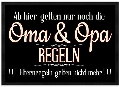 PR Print Royal Fußmatte für die Großeltern mit Spruch | Oma & Opa Regeln, Fußabtreter als Geschenk für die Großeltern, rutschfest, 90 x 60 cm