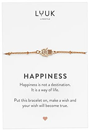LUUK LIFESTYLE Modernes Edelstahl Armband für Damen mit Anhänger, Geschenkidee mit Spruchkarte, filigraner Freundschafts Schmuck, wasserfest & alltagstauglich, Hamsa Hand I Fatima, roségold