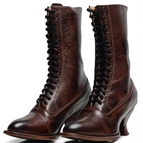 PAIDAXING Stivali da donna con lacci, lunghezza al polpaccio, stivali vittoriani da donna, in pelle, tacco Louis, stivaletti vintage da donna, stile steampunk gotico, Marrone, 38.5 EU