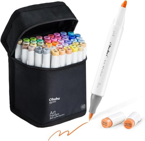 Ohuhu Marker Stifte Set, Pinsel Marker Stift mit 48 Farben Doppelseitige Farbspitz Chisel Alkoholmarker für Comics Manga Pinsel Tip zum Skizzieren Kalligraphieren Zeichnen, Honolulu Series