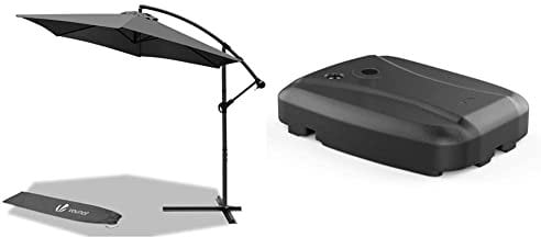 VOUNOT 3m Cantilever Garden Parasol, Banana Patio Umbrella with Crank Handle and Tilt for Outdoor Sun Shade, Grey & Parasol Base Weights, Umbrella Base Stand for Cantilever and Banana Parasol