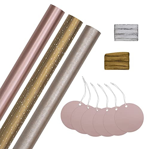 Hallmark Christmas Gifting Compendium, 3-Pack, Gold, White, Rose Gold | 2M Each Roll, 6 Gift Tags, 2 Raffia Ribbons, Luxurious Christmas Style, Paper Material, 3 Rolls of 2m Gift Wrap Included