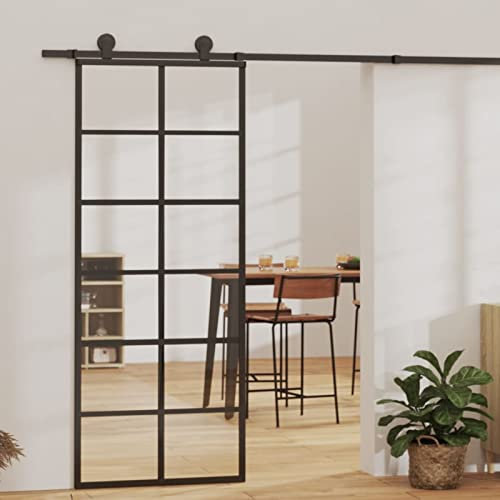 Tidyard Porta Scorrevole in Alluminio e Vetro ESG, Porta Scorrevole in Vetro, Porta Vetro Scorrevole, Porta Scorrevole Interna in Vetro per Bagno Cucina Studio Ufficio 76x205 cm Nera