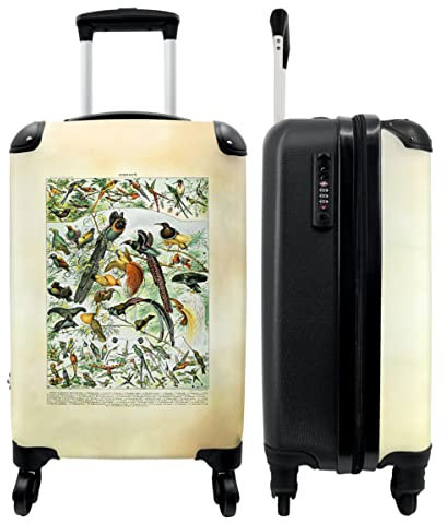 NoBoringSuitcases.com® Koffer Handgepäck Trolley Rollkoffer Kleine Reisekoffer mit 4 Rollen - Natur - Vintage - Vögel - Illustration - 55x35x20cm - Fotokoffer - Kabinenkoffer - Boardgepäck