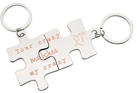 Cute Couples - Your Crazy Matches My Crazy Engraved Design Silver Jigsaw Keyring Set in Black Velvet Pouches