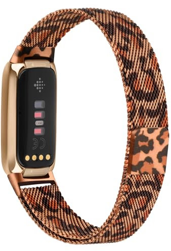 Vanjua Metallband für Fitbit Luxe Bänder Damen Herren, Edelstahl Mesh Loop Verstellbares Magnetarmband Ersatzband Kompatibel mit Fitbit Luxe Fitness- und Wellness-Tracker (Leopard)
