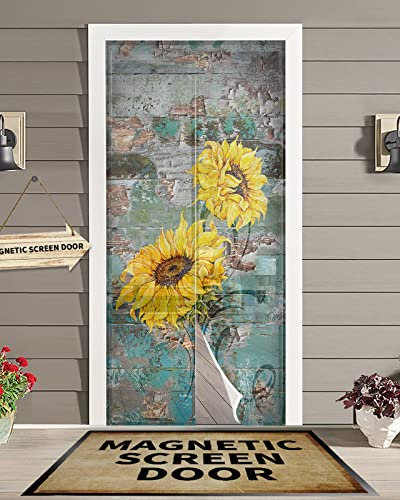 OComster Zanzariera magnetica per porta con girasoli, girasoli vintage su legno shabby a mani libere, dimensioni 96,7 x 200,3 cm, rinforza le porte a rete resistenti per