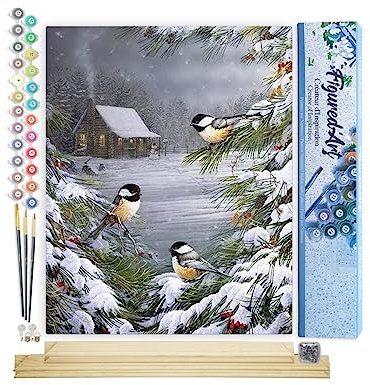 Figured'Art Peinture par Numéro Adulte Trois Oiseaux sous la Neige - Activité Manuelle Kit de Loisir Créatif DIY Numéro d'Art Complet - 40x50cm avec châssis en bois à monter