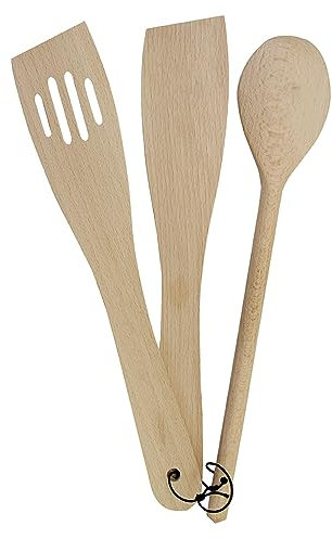 T&G Set of 3 Wooden Kitchen Utensil Pieces in FSC Certified Beech | Spoon, Curved Slotted Spatula & Spatula Cooking Set | Heat Resistant | Easy to Clean | Basic Bakeware Essentials | L30cm