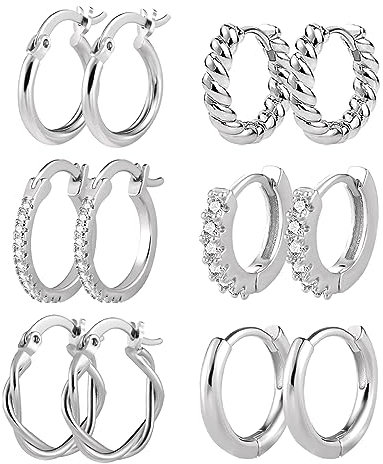 Klobiges Silber-Creolen-Set für Damen, 6 Paar polierte/Zirkonia/gedrehte kleine Huggie-Creolen, hypoallergene Schmuckgeschenke