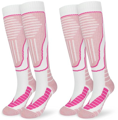KOOOGEAR Lot de 2 paires de chaussettes de ski pour femme en laine mérinos - Chaussettes thermiques hautes pour femme - Chaussettes de sport épaisses et chaudes pour l'hiver pour le snowboard, le ski