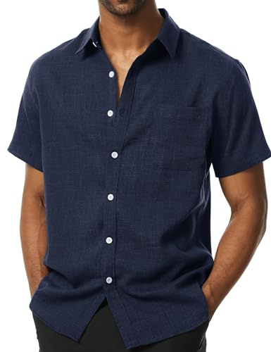 PARKLEES Men's Linen Summer Casual Cotton Regular Fit Shirt | for Vacation, Fashion, Beach, Holiday, Short Sleeve, Button Down, with Pocket, Button Up
