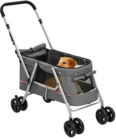 FENLAX Hundewagen Faltbar Grau Leinenstoff 100x49x96 cm Hundebuggy für Kleine Hunde Wagen für Katzen Katzenwagen für Draußen Wagen für Hunde Haustier-Buggy für Hunde und Andere Haustiere