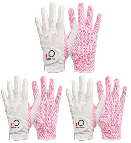 Golfhandschuhe Damen Linke Hand Rechts der Rechtshänder Griff Wettersof Value 3-Pack, Fit Größe Medium Small Large Pro Design (Weiß&Rosa-3 Pack, Medium-Worn on Linke Hand)