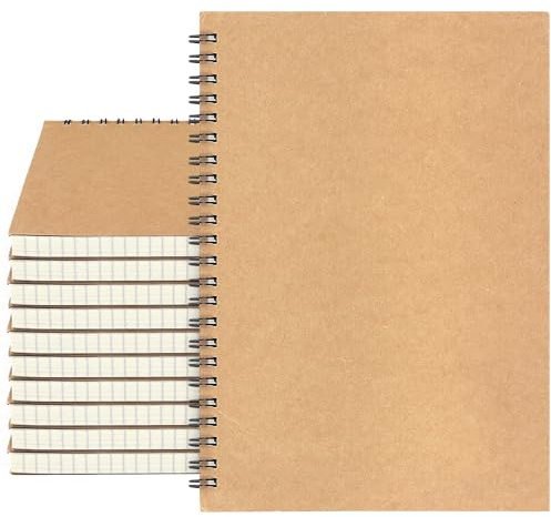 JEUIHAU 10 Pack A5 Grid Spiral Notebook, Kraft Cover Grid Notebook, Squared Paper Notebook A5, Wirebound Notebooks Journals for Drawing, Writing, Planning, Note Taking