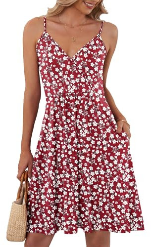 AUSELILY Sommerkleid Damen Spaghetti-Träge V-Ausschnitt Freizeitkleid Strandkleid mit Taschen Rote Blumen M