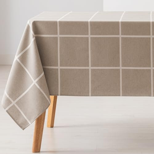 GAMUSI Mantel Antimanchas Mesa Rectangular Cuadros Jacquard Impermeable 140x100 cm, Tacto Tela, Color Beige