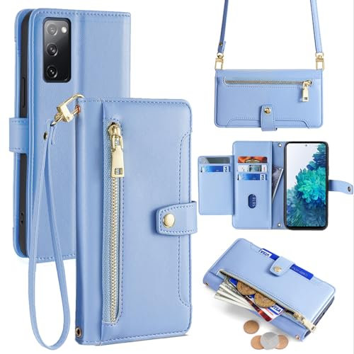 betterfon Handykette Hülle Kompatibel mit Samsung Galaxy S20 FE | Leder Handyhülle mit Kartenfächern | Frauen Brieftasche Klapphülle zum Umhängen | Hellblau