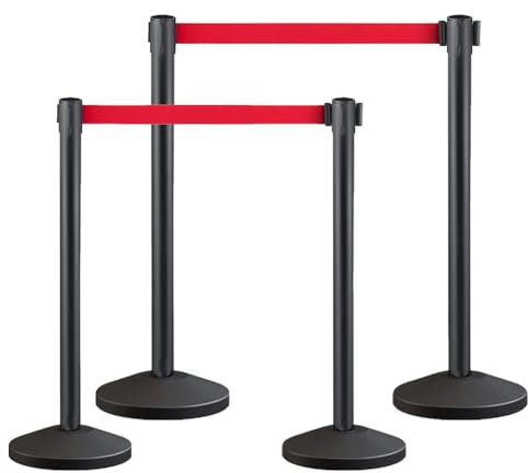 Crowd Control Stanchion, Set with 6.5 ft/2 m Red Retractable Belt, Durable Crowd Control Barrier with Carbon Steel Baking Painted Stanchion, Rope Barriers Line Divider for Exhibition, Airport(4)