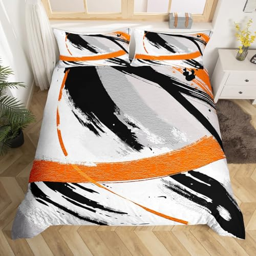 Homewish Housse de Couette 140x200 cm avec 1 Taie d'oreiller, Parure de Lit Noir Gris Orange, Sets de Housses de Couettes Coups de Pinceau, Couvre Lit Vintage Abstraite Dégradé Graffiti