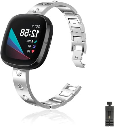 Metall Armband Kompatibel für Fitbit Sense|Sense 2 Band Diamant Metall Ersatzarmband mit Fitbit Sense|Sense 2 Armbänder Glitzer Strass Damen Ersatz Band mit Fitbit Sense|Sense 2 (Silber,m)